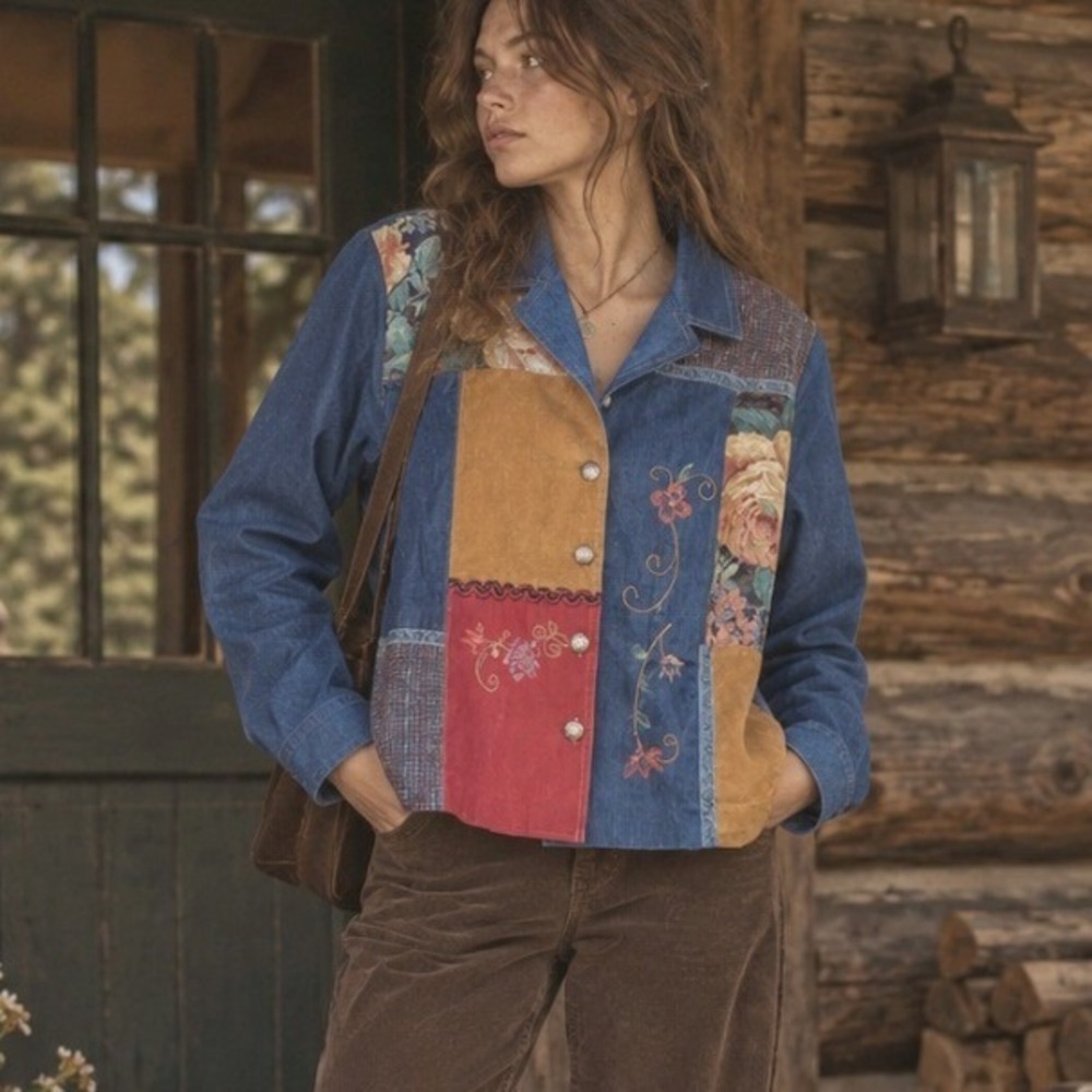 Vintage 90s Jean Jacket Patchwork Floral Tapestry Denim Medium Blue Boho Folk